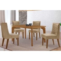 Sala Jantar Mesa Londrina Tampo Curvo 120cm+4 Cadeiras Maldivas Madeira Naturale - Capuccino/Linho Bege - Rufato