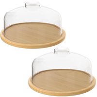 Kit 2 Boleiras Bambu 26,5cm Cúpula Plástica Prato Porta Bolos Doces Tortas Sobremesas Coza