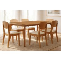 Sala Jantar Mesa Londrina Tampo Curvo 180cm+6 Cadeiras Havana Naturale - Suede Creme - Rufato
