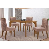 Sala Jantar Mesa Londrina Tampo Curvo 120cm+4 Cadeiras Dafne Madeira Naturale - Capuccino/Linho Capuccino - Rufato