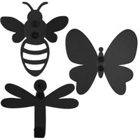 Kit 3 Ganchos Penduradores Pretos Aço de Parede 8cm Luft Masutti Abelha Libélula Borboleta