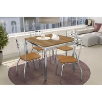 Conjunto: Mesa Sala Jantar Reno c/ Tampo de Madeira 90cm e 4 Cadeiras Portugal Cromada/Capuccino Kappesberg