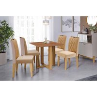 Conjunto: Mesa Sala Jantar Flora Tampo Madeirado 95x95cm e 4 Cadeiras Juliana Cinamomo - Carvalho/Linho Bege Cimol
