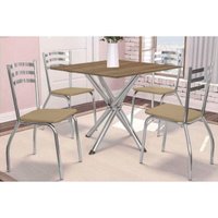 Conjunto: Mesa de Cozinha Volga c/ Tampo de Madeira 90cm e 4 Cadeiras Portugal Cromado/Nogueira - Capuccino - Kappesberg