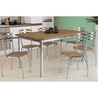 Conjunto: Mesa Sala Jantar Reno c/ Tampo Madeira 160cm e 6 Cadeiras Portugal Cromada/Capuccino Kappesberg