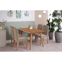 Conjunto: Mesa Sala Jantar Adele Tampo Madeirado 130x80cm e 4 Cadeiras Clarice Carvalho/Cinamomo - Linho Bege Cimol