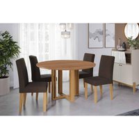 Conjunto: Mesa Sala Jantar Flora Tampo Madeirado 109cm e 4 Cadeiras Maia Cinamomo - Nature/Suede Mascavo Chocolate Cimol