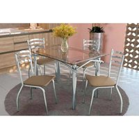 Conjunto: Mesa Sala Jantar Elba c/ Tampo de Vidro 120cm e 4 Cadeiras Portugal Cromada - Corano Capuccino Kappesberg