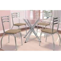 Sala Jantar Mesa Volga c/ Tampo de Vidro 95cm e 4 Cadeiras Portugal Cromada - Corano Capuccino - Kappesberg