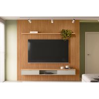 Rack Bancada c/ Painel p/ TV até 90 Pol Modular 2.6 Ripado 2 Portas 1 Pratel. 258x250cm Nature/Off White - Linea Brasil