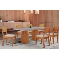 Conjunto: Mesa de Cozinha Maldivas Curvo 180cm + 6 Cadeiras Havana Naturale/Off White - Suede Capuccino - Rufato
