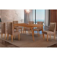 Conjunto: Mesa Sala Jantar Havana Curvo 180cm + 6 Cadeiras Dafne Naturale - Corano Capuccino - Rufato