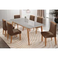 Conjunto: Mesa Sala Jantar Havana Curvo 180cm + 6 Cadeiras Maldivas Naturale/Off White - Suede Marrom - Rufato