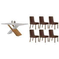 Conjunto: Mesa de Cozinha Imperatriz Curvo 180cm + 6 Cadeiras Dakota Naturale/Off White - Suede Marrom - Rufato