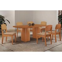 Conjunto: Mesa de Cozinha Maldivas Curvo 180cm + 6 Cadeiras Havana Naturale - Linho Bege - Rufato