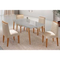 Conjunto: Mesa de Cozinha Havana Curvo 120cm + 4 Cadeiras Maldivas Naturale/Off White - Suede Creme - Rufato