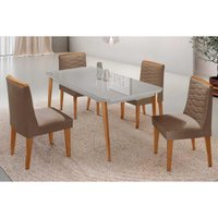 Conjunto: Mesa Sala Jantar Havana Curvo 120cm + 4 Cadeiras Maldivas Naturale/Off White - Suede Capuccino - Rufato