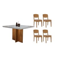 Conjunto: Mesa de Cozinha Berlim Curvo 90cm + 4 Cadeiras Havana Naturale/Off White - Linho Capuccino - Rufato
