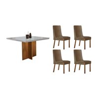 Conjunto: Mesa Sala Jantar Berlim Curvo 90cm + 4 Cadeiras Dakota Naturale/Off White - Suede Capuccino - Rufato