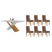 Conjunto: Mesa de Cozinha Imperatriz Curvo 180cm + 6 Cadeiras Dakota Naturale/Off White - Corano Capuccino - Rufato