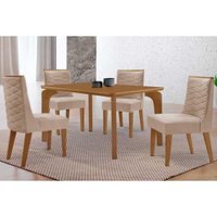 Conjunto: Mesa de Cozinha Londrina Curvo 120cm + 4 Cadeiras Dafne Naturale - Suede Creme - Rufato