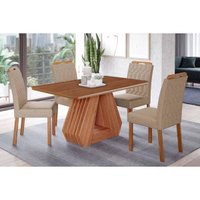 Conjunto: Mesa Sala Jantar Ágata Tampo Madeirado 130x80cm e 4 Cadeiras Paola Cinamomo - Carvalho/Linho Bege Cimol