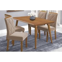 Conjunto: Mesa Sala Jantar Adele Tampo Madeirado 130x80cm e 4 Cadeiras Fernanda Carvalho/Cinamomo - Linho Bege Cimol