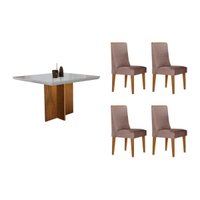 Conjunto: Mesa Sala Jantar Berlim Curvo 90cm + 4 Cadeiras Dakota Naturale/Off White - Linho Capuccino - Rufato