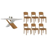 Conjunto: Mesa Sala Jantar Imperatriz Curvo 180cm + 6 Cadeiras Havana Naturale/Off White - Suede Capuccino - Rufato
