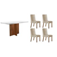 Conjunto: Mesa de Cozinha Berlim Curvo 120cm + 4 Cadeiras Dakota Naturale/Off White - Suede Creme - Rufato