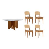 Conjunto: Mesa de Cozinha Nevada Curvo 90cm + 4 Cadeiras Havana Naturale/Off White - Capuccino/Linho Bege - Rufato