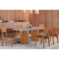 Conjunto: Mesa de Cozinha Maldivas Curvo 180cm + 6 Cadeiras Havana Naturale/Off White - Suede Marrom - Rufato