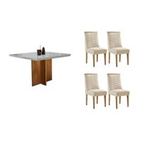 Conjunto: Mesa de Cozinha Berlim Curvo 90cm + 4 Cadeiras Maldivas Naturale/Off White - Suede Creme - Rufato