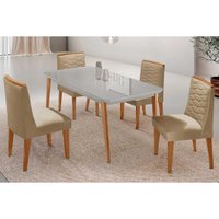 Conjunto: Mesa Sala Jantar Havana Curvo 120cm + 4 Cadeiras Maldivas Naturale/Off White - Capuccino/Linho Bege - Rufato