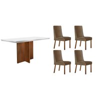 Conjunto: Mesa Sala Jantar Berlim Curvo 120cm + 4 Cadeiras Dakota Naturale/Off White - Suede Capuccino - Rufato