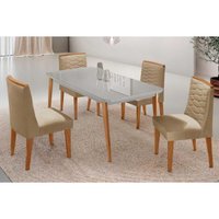 Conjunto: Mesa Sala Jantar Havana Curvo 120cm + 4 Cadeiras Maldivas Naturale/Off White - Linho Bege - Rufato
