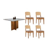 Conjunto: Mesa Sala Jantar Berlim Curvo 90cm + 4 Cadeiras Havana Naturale/Off White - Linho Capuccino - Rufato