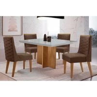 Conjunto: Mesa Sala Jantar Berlim Curvo 90cm + 4 Cadeiras Dafne Naturale/Off White - Suede Marrom - Rufato