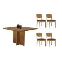 Conjunto: Mesa Sala Jantar Berlim Curvo 90cm + 4 Cadeiras Havana Naturale - Suede Marrom - Rufato