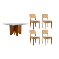 Conjunto: Mesa de Cozinha Nevada Curvo 90cm + 4 Cadeiras Havana Naturale/Off White - Capuccino/Suede Creme - Rufato