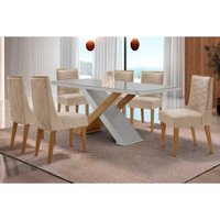 Conjunto: Mesa de Cozinha Imperatriz Curvo 180cm + 6 Cadeiras Maldivas Naturale/Off White - Suede Creme - Rufato