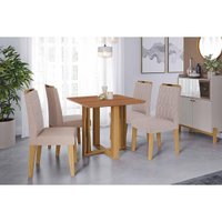 Conjunto: Mesa Sala Jantar Flora Tampo Madeirado 95x95cm e 4 Cadeiras Paola Cinamomo - Carvalho/Suede Nude Bege Cimol
