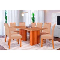 Conjunto: Mesa Sala Jantar Ester Tampo Madeirado 210x100cm e 8 Cadeiras Paola Cinamomo - Carvalho/Suede Nude Bege Cimol