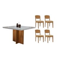Conjunto: Mesa de Cozinha Berlim Curvo 90cm + 4 Cadeiras Havana Naturale/Off White - Suede Creme - Rufato
