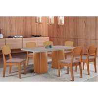 Conjunto: Mesa Sala Jantar Maldivas Curvo 180cm + 6 Cadeiras Havana Naturale/Off White - Linho Capuccino - Rufato