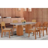 Conjunto: Mesa de Cozinha Maldivas Curvo 180cm + 6 Cadeiras Havana Naturale/Off White - Linho Bege - Rufato