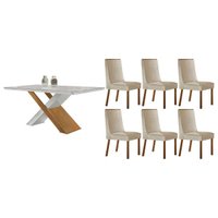 Conjunto: Mesa de Cozinha Imperatriz Curvo 180cm + 6 Cadeiras Dakota Naturale/Off White - Suede Creme - Rufato