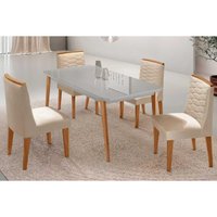 Conjunto: Mesa Sala Jantar Havana Curvo 120cm + 4 Cadeiras Maldivas Naturale/Off White - Capuccino/Suede Creme - Rufato