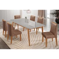 Conjunto: Mesa Sala Jantar Havana Curvo 180cm + 6 Cadeiras Maldivas Naturale/Off White - Corano Capuccino - Rufato
