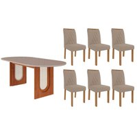 Conjunto: Mesa Sala Jantar Valentina Oval 210cm + 6 Cadeiras Juliana Cinamomo/Off White - Carvalho/Linho Bege Cimol